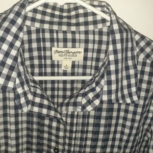 Norm Thompson Cotton Shirt L Navy Blue White Checked Plaid Button-down Tunic Top